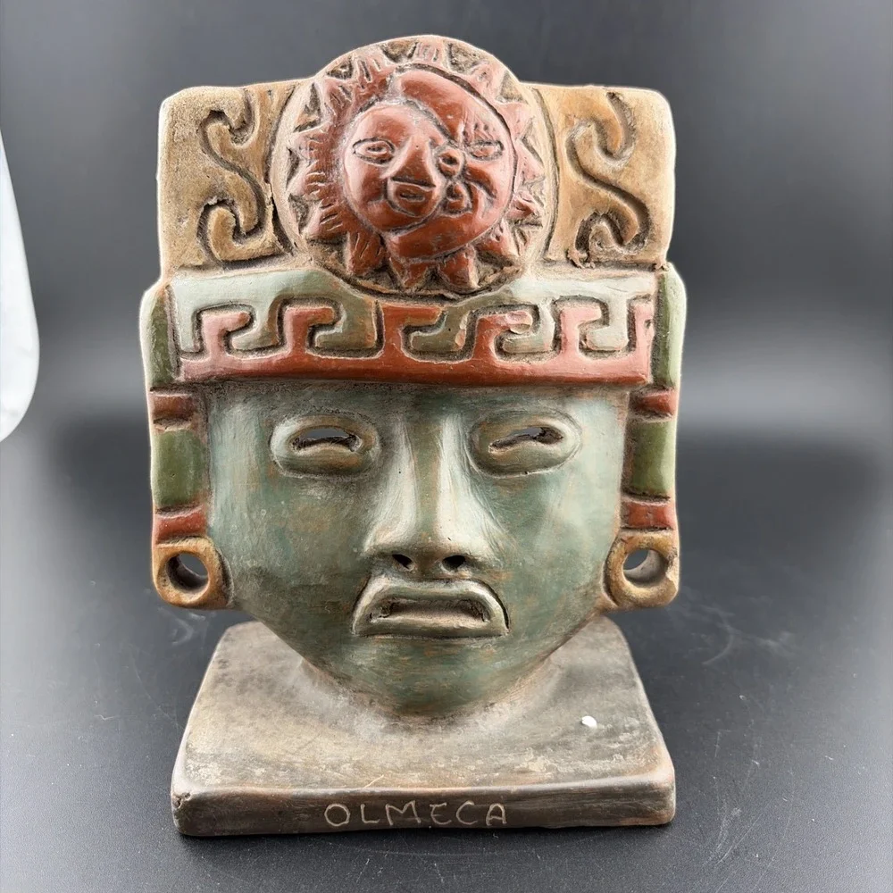 Tribal Mexican Aztec Mayan Face Mask Terracotta Clay Hand Painted 5.5